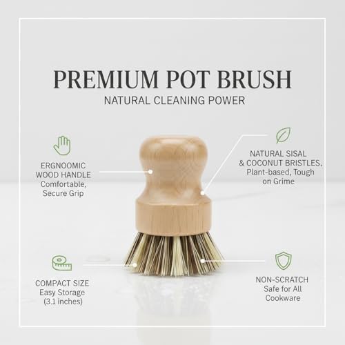 Natural Sisal & Coconut Pot Brush with Wooden Handle - Eco-Friendly Dish Scrubber for Cast Iron, Stainless Steel Cookware (1 Pack) - Image 5