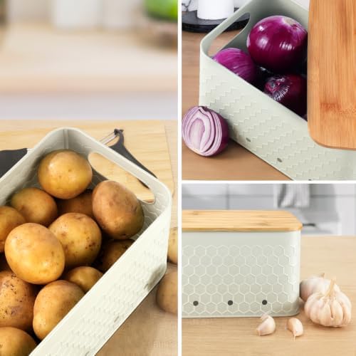 Kitchen Vegetable Storage Set of 3, Metal Onion Garlic Potato Storage Set, Kitchen Canisters Vegetable Keeper Containers with Aerating Holes and Bamboo Lid,Embossed Beige - Image 6