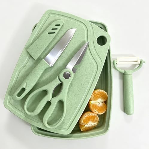 ZeQi 5-in-1 Cutting Board, Knife, Peeler, Scissors and Tray Set/Travel, Camping/Outdoor, Dorms/Small Cutting Boards/BPA Free/Dishwasher Safe-Mint Green by ZeQi