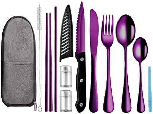 Logcow Travel Utensils Set with Case, 10-Piece Reusable Stainless Steel Camping Cutlery, Portable Fork Spoon Knife Chopsticks & Straw for Work, Lunch, Picnic (Purple) by Logcow