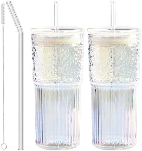 JunVpic Glass Coffee Tumbler, 20 oz Glass Cup with Lid and Straw by Junvpic