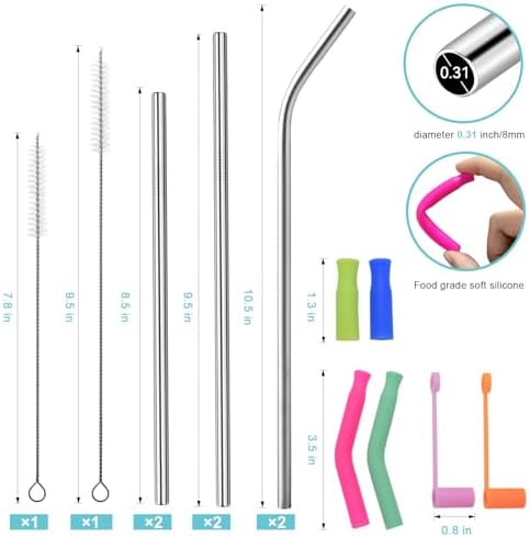 Reusable Stainless Steel Straws Set 6 PCS with 6 Silicone Tips, 2 Straw Brush, 1 Storage Case, Different Sizes of Metal Straws Reusable, Suitable for 14, 20, 30 oz Cups Tumbler, for Hot/Cold Drinks - Image 4