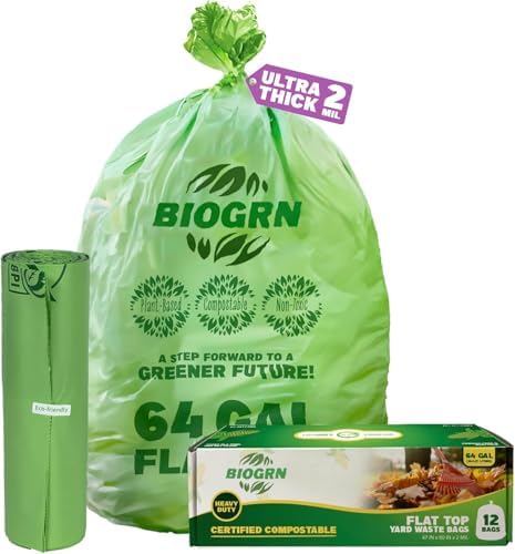60-64 Gallon Compostable Trash Bags, 12 Count, 2 Mil Heavy Duty Flat Top Large Trash Bags, 243L Lawn & Yard Waste Bags for Outdoor Garden Cleanup, ASTM D6400 BPI & OK Compost HOME Certified by BIOGRN