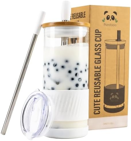 Pandaloo® Glass Cups With Lids and Straws -20 Fl Oz- Perfect Size Iced Coffee Cup - Smoothie Cup With Bamboo Lid and On the go Lid - Glass Tumbler With Straw (1 Count (Pack of 1), Coton White) by Pandaloo