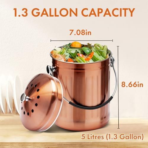 ENLOY Kitchen Countertop Compost Bin, 1.3 Gallon, Stainless Steel, Copper - Image 2