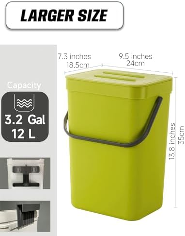 3.2 Gallons Hanging Trash Can with Lid - Kitchen Garbage Can, Under Sink Trash Can, Garbage Can for Bathroom, Waste Bucket Outdoor Indoor, 12L(Lime Green) - Image 2
