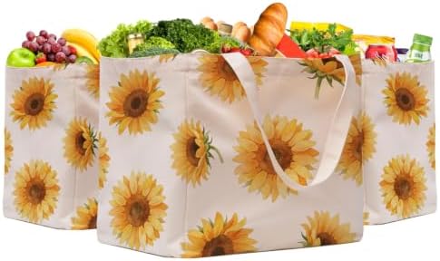 Aesthetic Canvas Reusable Grocery Bags Heavy Duty, 8.3 gal Foldable Large Tote Bag with Handles, Holds 60 lbs & Washable Eco-friendly Bags with 5 Pockets, Beige with a print 3 Bags by CNaiyunpin