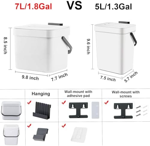 LALASTAR Trash Can with Lid, Wall-Mounted Under Sink Small Garbage Can for Kitchen, Bathroom, Hanging Plastic Trash Can, 1.8 Gallon, White - Image 6