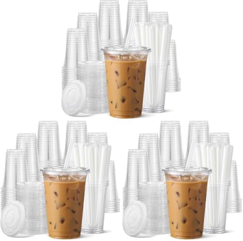 AOZITA 300 Pack - 16 oz Clear Plastic Cups with Lids and Straws, Food Safe Disposable Iced Coffee Cups for Cold Beverages, Smoothies, Iced Coffee, Leak-Proof, BPA-Free by AOZITA