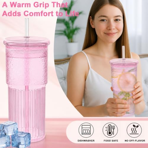 Luiaiog 20oz Glass Cups with Lids and Straws - Set of 4 Reusable Tumblers, Thickened Shatter-Resistant Glass, Ideal for Iced Coffee, Smoothies, Cocktails, Juices - Elegant & Durable Drinkware (Pink) - Image 2