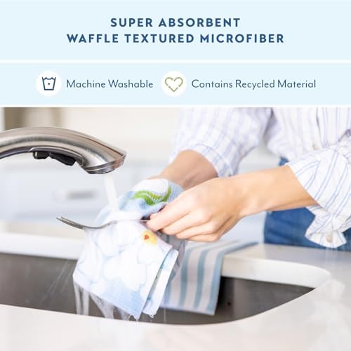 ELYN Microfiber Kitchen Dish Cloth Set, Quick-Dry & Absorbent Waffle Weave Cleaning Towels, Set of 6 Wash Cloths, Paper Towels & Sponge Alternative (Magnolias & Stripe) - Image 3