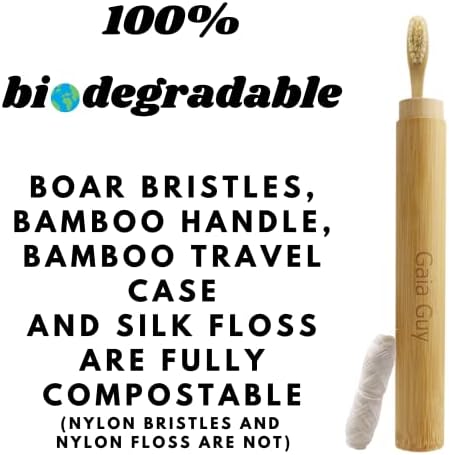 Gaia Guy Bamboo and Boar Bristle Toothbrush (4 Pack) + Travel Case & Silk Dental Floss | 100% Compostable Bristles and Floss | Eco-Friendly Dental Set | Biodegradable & Compostable Wooden Toothbrushes - Image 2
