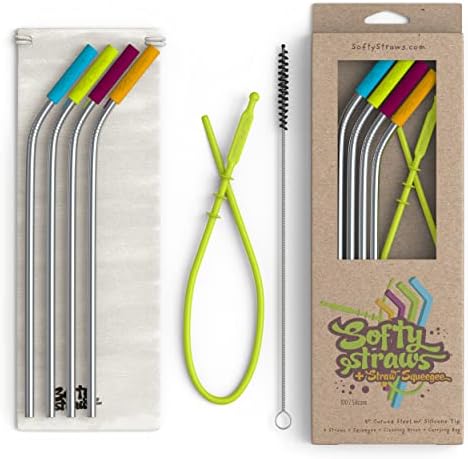 Softy Straws Premium Reusable Stainless Steel Drinking Straws With Silicone Tips + Patented Straw Cleaners and Carrying Case - 9” Long Metal With Curved Bend for 20/30/32oz Tumblers by SoftyStraws