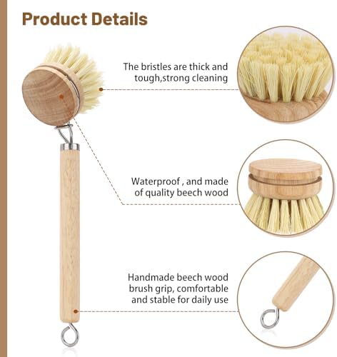 Dish Brush with Handle, Replaceable Natural Bamboo Vegetable Brush with 5 Sisal Brush Heads and Hanging Hook, Multipurpose Kitchen Scrubber for Pots, Pans and Cutting Boards (Natural Wood Colour) - Image 3