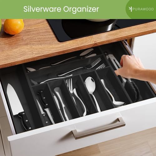 Purawood Bamboo Drawer Organizer - Expandable Silverware Organizer & Utensil Organizer, Cutlery Tray with Dividers, 7-9 Slots - Premium Kitchen Drawer Organizer for Utensils & Flatware (Black) - Image 4