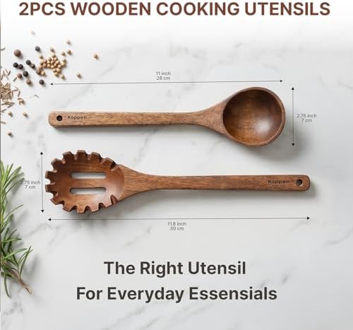 Koppen Dishwasher Safe Acacia Wood Soup Spoon & Pasta Spoon Set, 2 Pcs Non Toxic Wooden Kitchen Utensils for Nonstick Cookware, Wood Soup Ladle and Pasta Server, Heat Resistant, Smooth Grip - Image 6