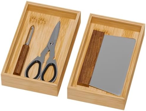 Lixple Bamboo Drawer Organizer for Kitchen Utensils, 2 Pack Stackable Bamboo Kitchen Drawer Organizers, Silverware & Utensil Drawer Trays, 10" x 6" x 2" (Outer), 9.3" x 5.3" x 1.3" (Inner) by Lixple