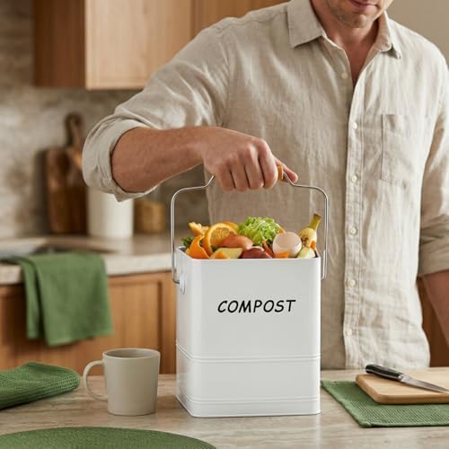Tlence 1.7 Gallon Kitchen Compost Bin, Countertop Food Waste Pail with Handles, Odorless Composting Bucket with Carbon Filters, Indoor Small Food Scrap Composter for Trash Waste, White - Image 6