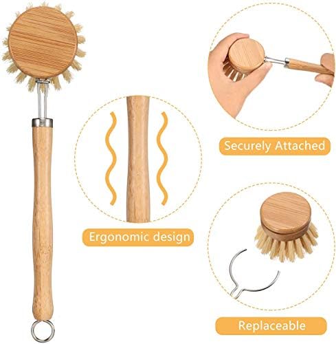 Set of 4 dish Brushes Wooden Kitchen Brushes with Handle Wood - Wooden Pan & Pot Cleaning Brush with Replaceable Head - Image 2