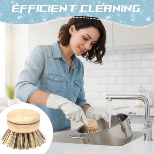 Bamboo Dish Brush, Bamboo Dish Brush with Handle, 4-in-1 Kitchen Cleaning Set – Includes 1 Sisal, 2 Sisal Replacement Heads, Coconut Fiber Replacement Head for Pots, Pans, Dishes.. - Image 3