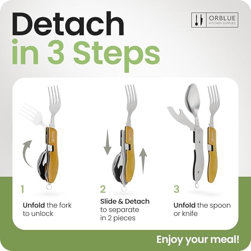 Orblue 4-in-1 Camping Eating Utensils, 2-Pack - Portable Spoon, Fork, Knife & Bottle Opener Combo Set - Stainless Steel Flatware with Detachable Fork - Travel, Backpacking Cutlery Multitool, Yellow - Image 3