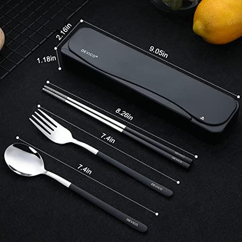 DEVICO Travel Utensils with Case, 4Pcs Portable Silverware Set for Work, 18/8 Stainless Steel Reusable Cutlery, Korean Spoon and Chopsticks Fork for Camping, School, Lunch Box Accessories (Black) - Image 3