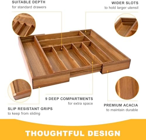 Large Premium Acacia Silverware Organizer - Expandable Drawer Organizer & Utensil Organizer - 17"x19.7" Cutlery Tray with Dividers for Kitchen Utensils and Flatware (7-9 Slots) Acacia - Image 6