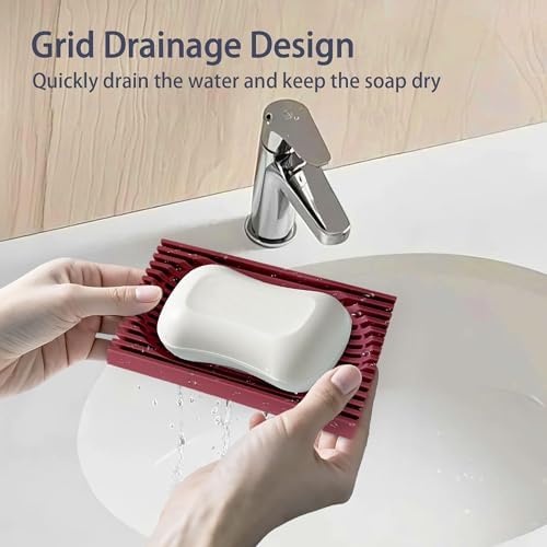 Aoheuo Modern Minimalist Soap Dish (2Pack),Drainage Silicone Soap Holder,5.5 Long by 3.15 Wide,0.55 inches high,Used for Kitchen,Bathroom,and Bar Sink(Red,Red) - Image 3