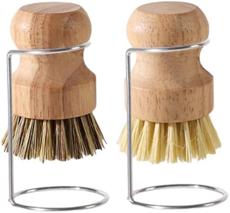 Bamboo Dish Brush, 2Pcs Bamboo Dish Brushes Natural Scrubber with 2 Drainage Racks Wooden Dishwashing Brush for Washing Dishes, Pots, Pans and Sink - Image 3