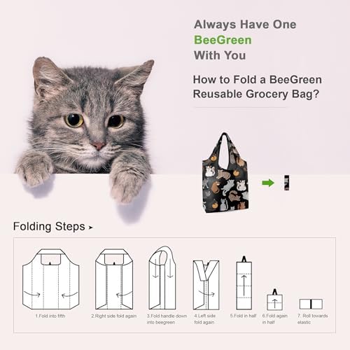 BeeGreen 6 Pack Cats Reusable Grocery Bags Gifts for Cat Lovers with Elastic Band Reusable Shopping Bags Bulk 50LBS X-Large Foldable-Machine Washable-Heavy Duty - Image 4