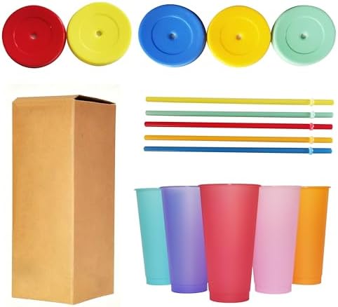 Color Changing Cups, 5 Pack 24oz Plastic Tumblers, Reusable Iced Coffee & Smoothie Cups with Lids and Straws for Parties and Travel (5 Changing, 5 Packs) - Image 6