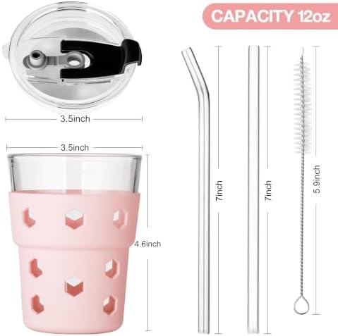 Mrsdry 12oz Iced Coffee Cup with Lids and Straws, BPA Free Reusable Glass Coffee Cups with Silicone Sleeves for Coffee, Iced tea, Thick Wall Glass Cup - Image 2