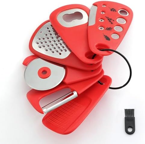 Kitchen Gadgets Set 6 Pieces, Space Saving Cooking Tools Kitchen Accessories-Garlic Grinder, Cheese Grater, Vegetable Peeler, Pizza Cutter, Herb Stripper, Bottle Opener, Gadgets Gift Set (Red) by WMM