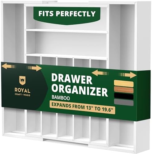 ROYAL CRAFT WOOD Luxury Bamboo Kitchen Drawer Organizer - Silverware Organizer - Utensil Holder and Cutlery Tray with Grooved Drawer Dividers for Flatware and Kitchen Utensils (9 Slot, White) by ROYALCRAFTWOOD