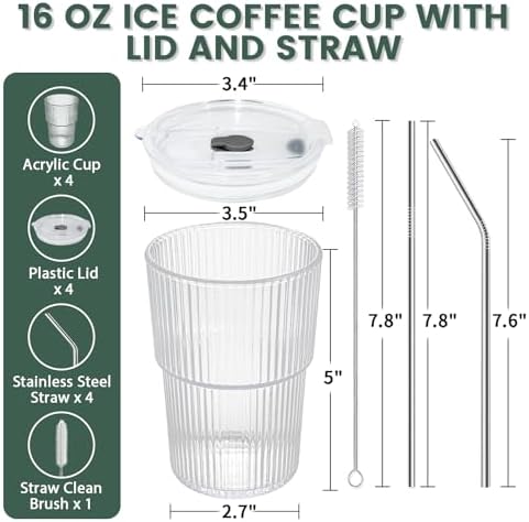 HIGIINC Iced Coffee Cups With Lids and Straws 4 Pcs, 16 OZ Unbreakable Glasses Drinking Set,Clear Plastic Cups Reusable Iced Coffee Tumbler with Lid and Straw, To Go Coffee Cups Dishwasher Safe - Image 5