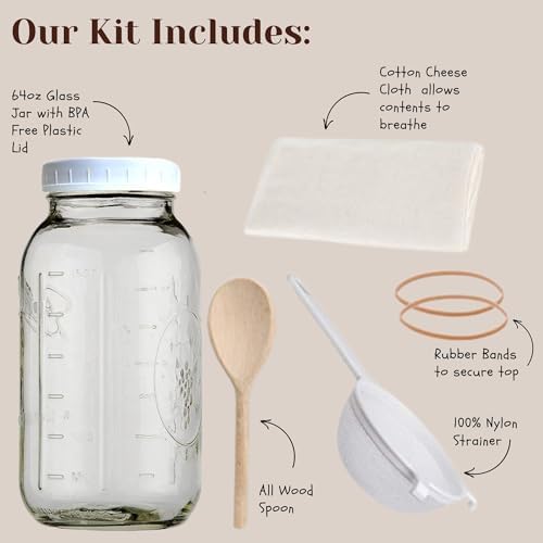 Jarming Collections Complete Kefir Starter Kit/Kombucha Fermentor Kit-1 Mason Jar Wide Mouth-Plastic Storage Lid - HIC(4 Inch) Nylon Mesh Strainer-Cotton Cloth Cover and Wood Spoon (Half Gallon) - Image 3