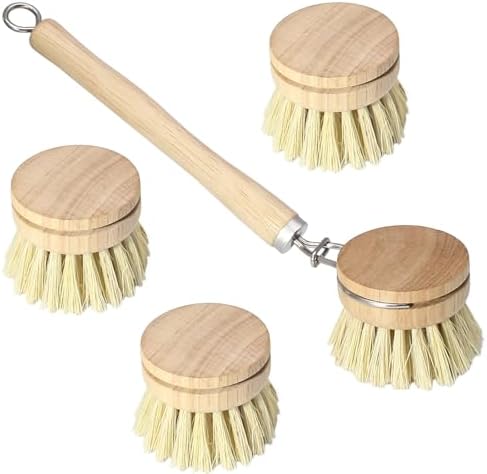 5 Pc Wood Dish Brush, 4 Sisal Heads with 1 Handle by HARSKIYER