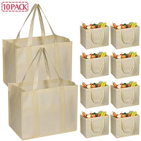 DIOMMELL 10 Pack Reusable Grocery Bags Extra Large Super Strong Heavy Duty Shopping Tote Bags with Reinforced Handles, Beige - Image 3