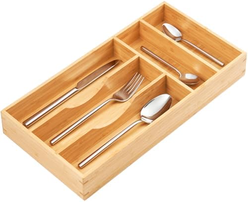 Umilife Bamboo Kitchen Drawer Organizer, 8 Inch Silverware Utensils Tray Holder for Small Drawer, Wood Caddy for Flatware Cutlery Knives by Umilife