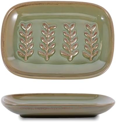 HighHerz Aesthetic Ceramic Soap Dish for Shower, Soap Holder with Raised Relief, Shower Soap Dish for Shampoo Bar Or Sponge, Soap Saver for Bathroom, Kitchen, Sink, Decorative Soap Tray (Green) by HighHerz