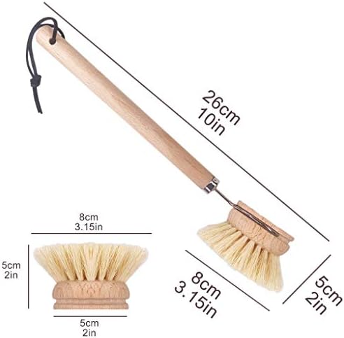 AMERWASH PLUS Dish Brush with Wooden Handle, Natural Kitchen Brush for Dishes Vegetable, Pots and Pans, Tampico Fiber Bristles Scrubber, Extra 3 Pack Replacement Head Included - Image 2