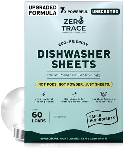 Zero Trace Dishwasher Detergent Eco-Friendly Sheets for Dish Washing - Plant Powered Technology- Unscented- 60 Loads by ZeroTrace