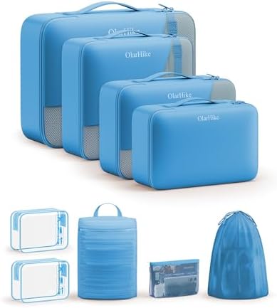 OlarHike Packing Cubes for Travel,Gifts for Women Mom,Anti-Tearing Suitcase Organizer for Luggage with Shoe & Hanging Toiletry Bag,Vacation Essentials & Accessories for Cruise Ship,9 Set,Azure Blue by OlarHike