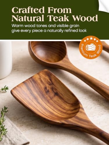 AIUHI Wood Utensils Set for Cooking, Teak Wooden Utensils Set Wood Spatula for Nonstick Cookware Kitchen Utensils Set 5 - Image 3