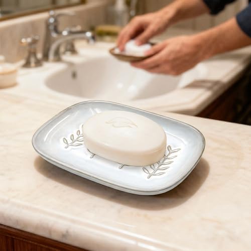 HighHerz Aesthetic Ceramic Soap Dish for Shower, Soap Holder with Raised Relief, Shower Soap Dish for Shampoo Bar Or Sponge, Soap Saver for Bathroom, Kitchen, Sink, Decorative Soap Tray (White) - Image 6