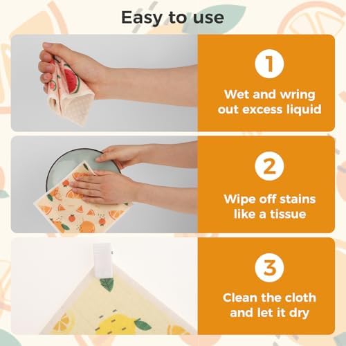 wlich 10 Pack Swedish Dishcloths, Reusable Kitchen Towels with Clips, Fruit - Image 5