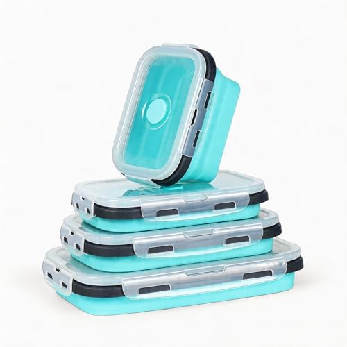 Collapsible Silicone Food Storage Containers Set, 4PCS Foldable Lunch Boxes with Lids & Air Vent, 27oz Multifunctional Travel Food Containers, Bento Boxes, Blue by Unknown