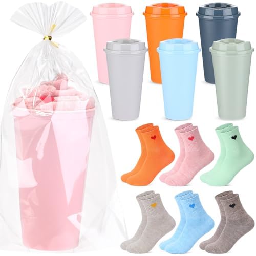 Hushee 6 Pcs Reusable Coffee Cups with Lids Bulk and 6 Pcs Women's Heart Socks 16 oz Travel Mug Plastic Tumblers for Birthday Holiday Gifts Party Favors (Pink) by Hushee