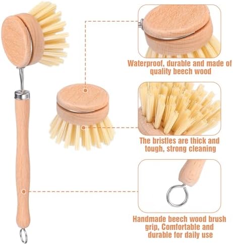 10 Pack Fiber Bristle 2-Inch All-Purpose Kitchen Dish Scrub Brush with Beechwood Handle - Dish Brush with Hooked Handle for Pots, Pans, and Kitchen Utensils - Made in Germany - Image 3
