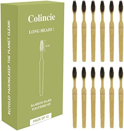 Extra Hard & Firm Bamboo Charcoal Toothbrush Long Head with Wide Thickened Handle Whitening Teeth Pack of 12 by Colincie